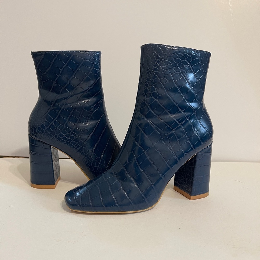 New blue snake skin ankle booties